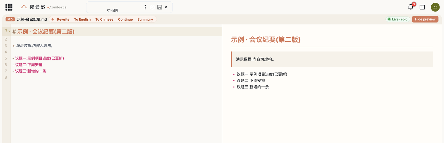Markdown 编辑器:顶栏中间的小框里有三点菜单、保存图标和关闭叉号;工具条上是文件名 示例-会议纪要.md 和 Rewrite、To English、To Chinese、Continue、Summary 五个按钮,右侧是绿色的 Live solo 和 Hide preview 按钮;下面左半边是带行号的 Markdown 原文,右半边是排好版的预览