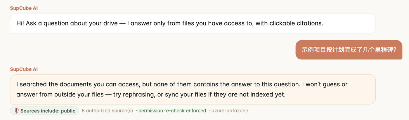 AI 的一条浅橙色底的回答 searched the documents you can access, but none of them contains the answer to this question. I won't guess or answer from outside your files, try rephrasing, or sync your files if they are not indexed yet. 下面小字是 Sources include public,8 authorized sources,permission re-check enforced