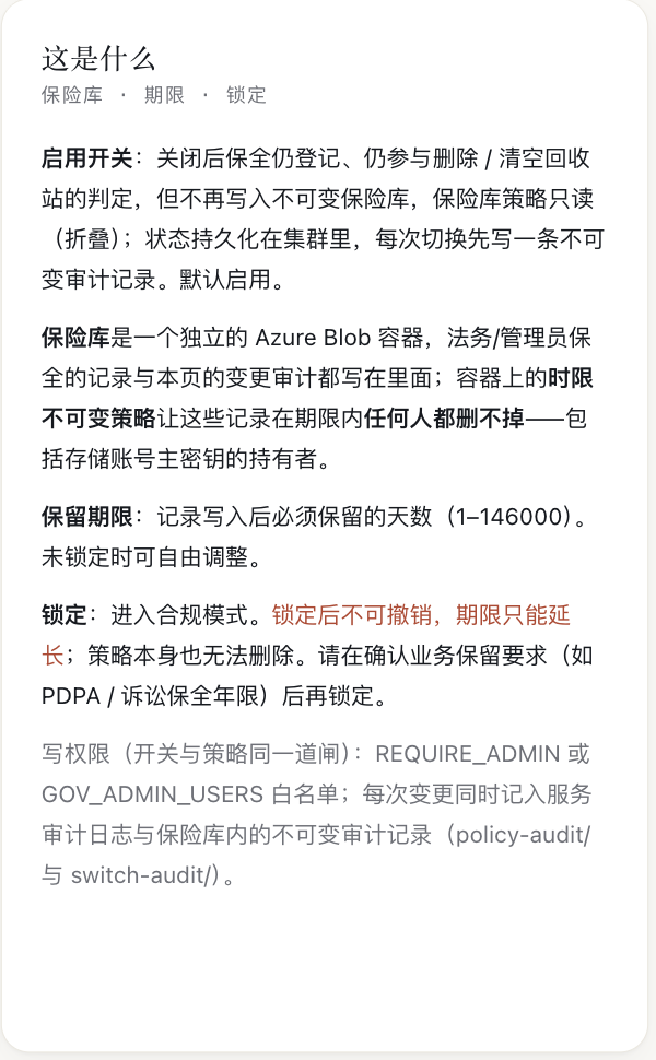 页面右侧的 这是什么 卡片,分五段解释 启用开关、保险库、保留期限、锁定、写权限,其中 锁定后不可撤销 期限只能延长 一句是红字