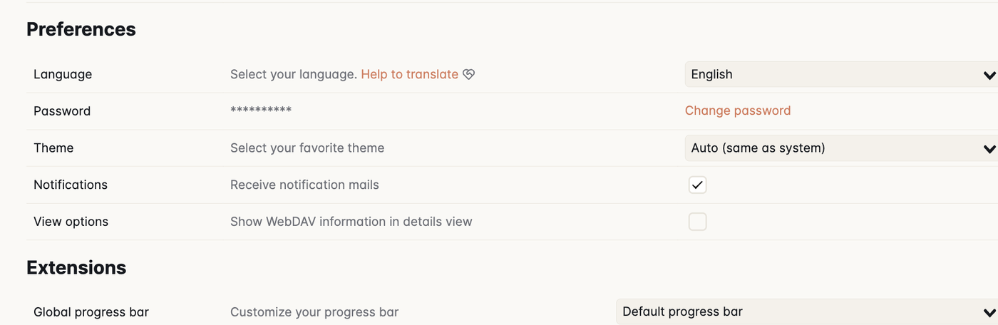 账号页的 Preferences 部分,依次是 Language 当前为 English、Password 后面有 Change password、Theme 当前为 Auto same as system、Notifications 已勾选、View options 未勾选;下面是 Extensions 部分的 Global progress bar