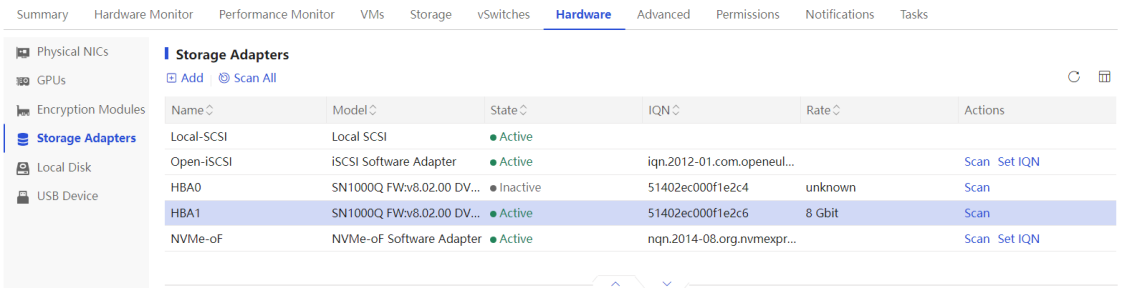 FC HBA storage adapters view