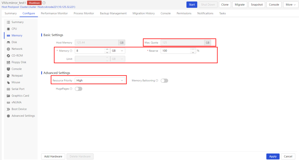 Editing memory settings