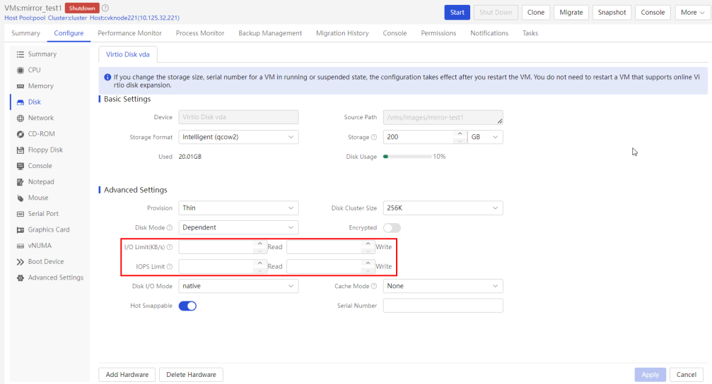 Editing advanced disk settings